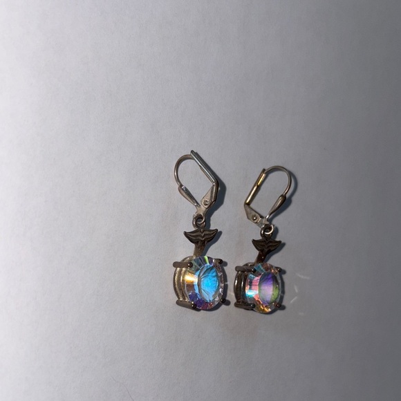 Silver Iridescent Earrings with sheet gemstone whale tail design drop design - Picture 4 of 6